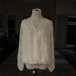 White House Black Market Cream Floral Jacquard Wrap Blouse